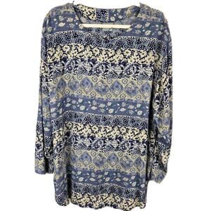 Vintage Rabbit Tunic 3/4 Sleeve Round Neck Floral Print Paisley Blue Sz 6 Bohemi